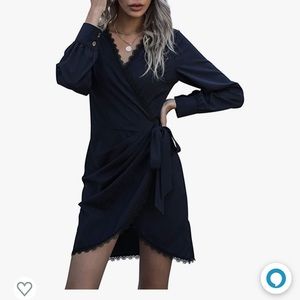 SEFFORANO Black Long Sleeve V-Neck Sexy Lace Short Dress